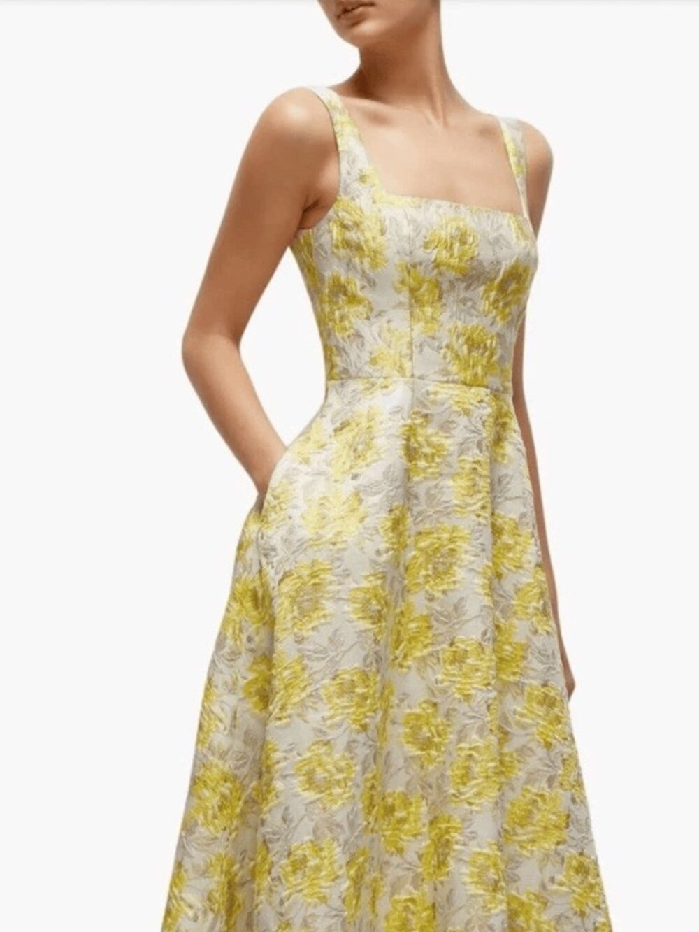 Dessy Collection Golden Metallic Floral Midi Cocktail Dress 0 New